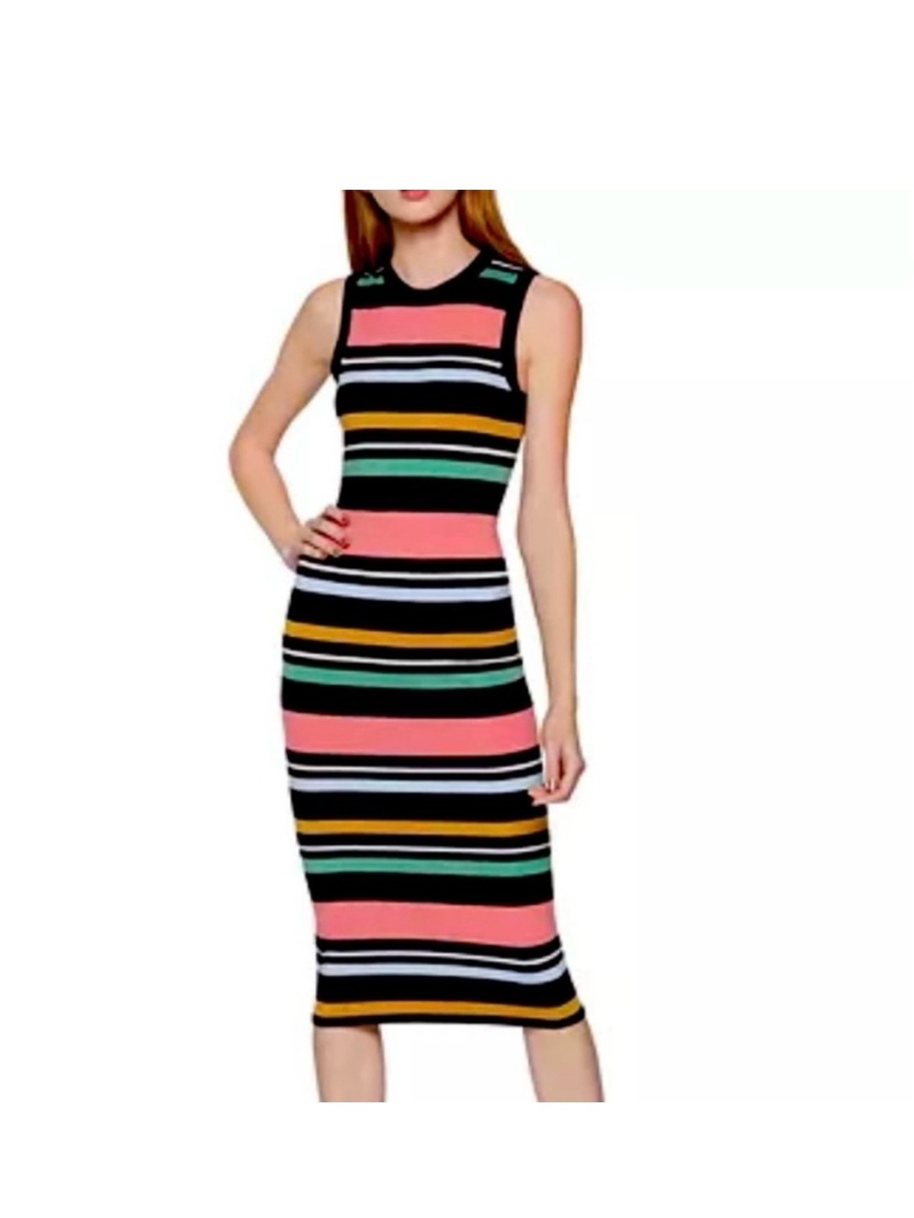 BCBGeneration Sleeveless Striped Bodycon Midi Dress in Black & Coral